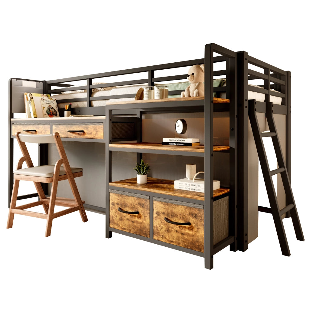 Letto a soppalco 90x200 cm con scrivania; scaffali e cassetti; in metallo nero