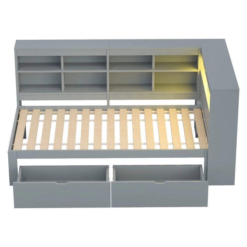 Letto Singolo in Legno Massello con Contenitore, LED e USB ¨C MINIMAL ¨C Grigio 90x200