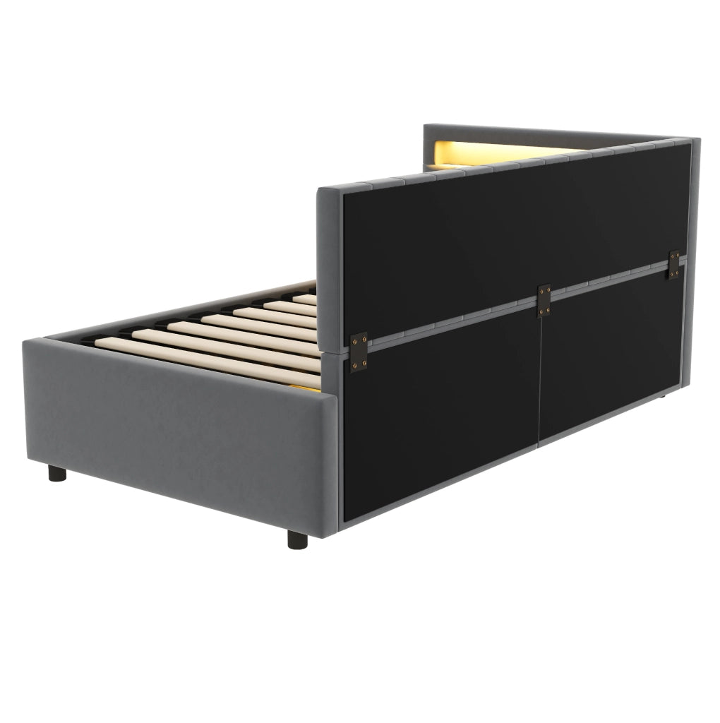 Letto divano imbottito 90x200 cm con illuminazione LED e vano contenitore idraulico, tessuto in velluto grigio, design classico a righe verticali