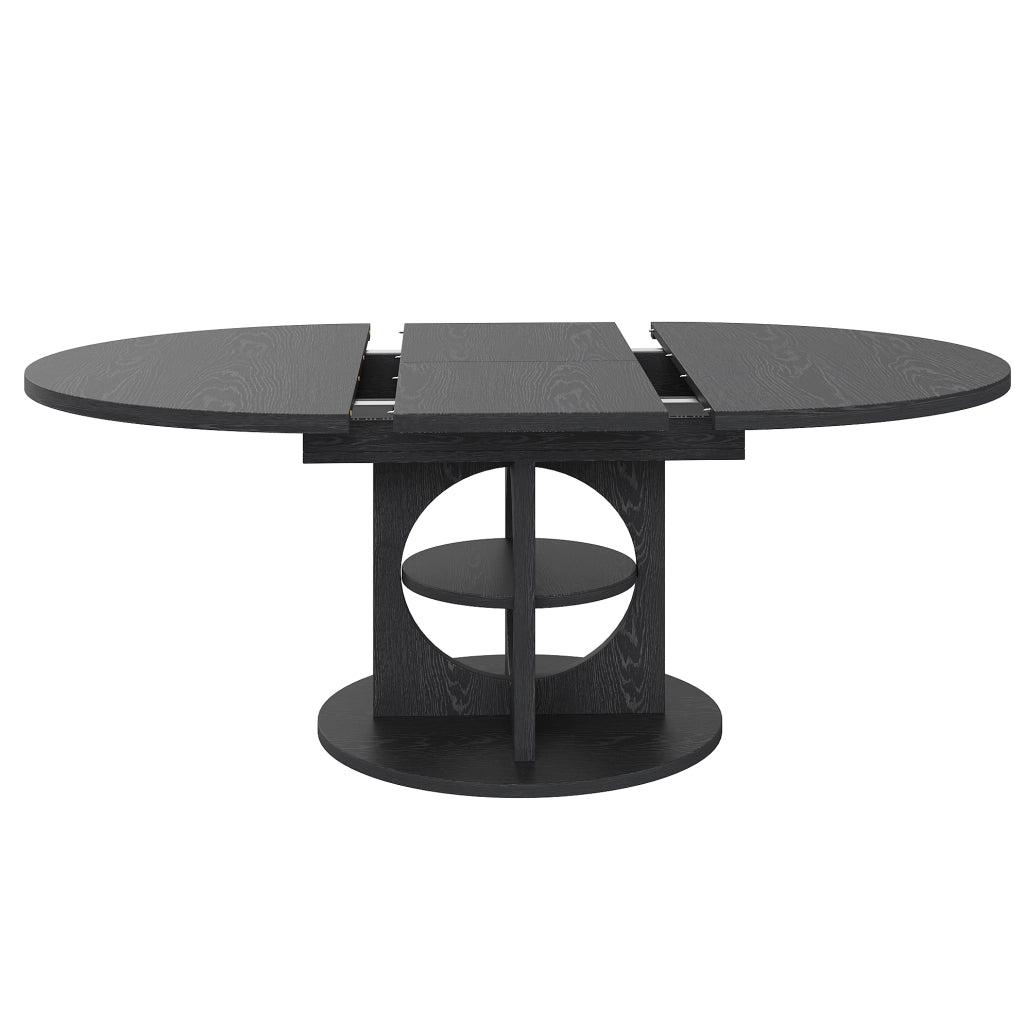 Tavolo da pranzo estensibile ULEVR 110-150 cm rotondo e ovale con ripiano integrato, MDF e metallo nero