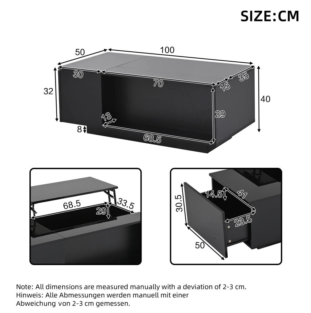 Tavolino da caffè elevabile 100 x 50 x 40 cm con vano nascosto; cassetto e LED Bluetooth nero