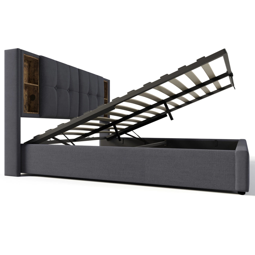 Letto matrimoniale contenitore 180x200 cm in cotone grigio con ricarica wireless e USB HOMVRA