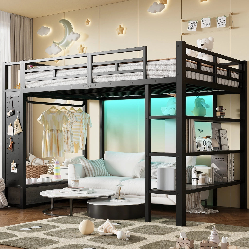 Letto a soppalco 140x200 cm con armadio aperto e LED in MDF e metallo nero