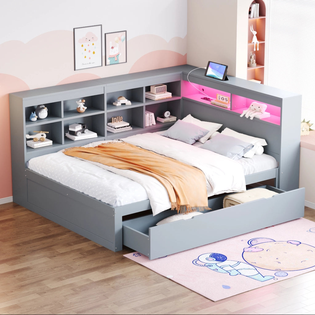 Letto matrimoniale 140 × 200 cm con cassetti LED cangianti e presa USB in legno grigio con vani laterali