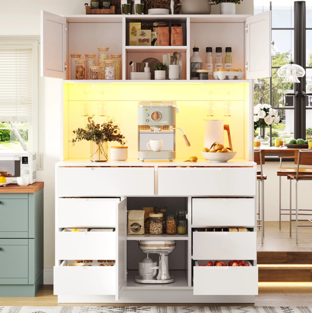Armadio alto moderno bianco con 8 cassetti, ripiani regolabili e illuminazione LED smart 120×40×183,5 cm