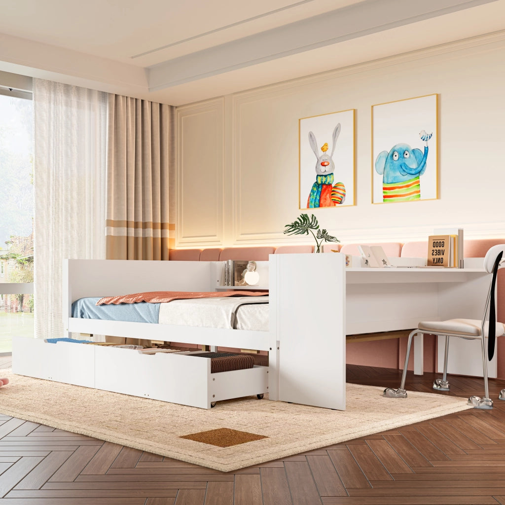 Letto con cassetti 140 × 200 cm con scrivania; 2 cassetti e 3 ripiani in legno di pino bianco senza materasso
