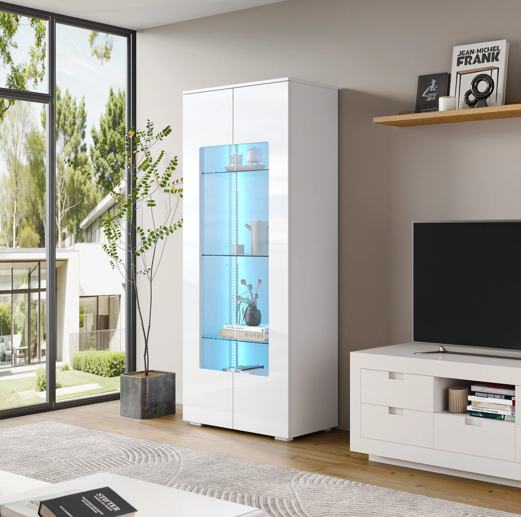 Vetrina alta 70x40x173 cm in MDF bianca, 2 ante e LED salvaspazio