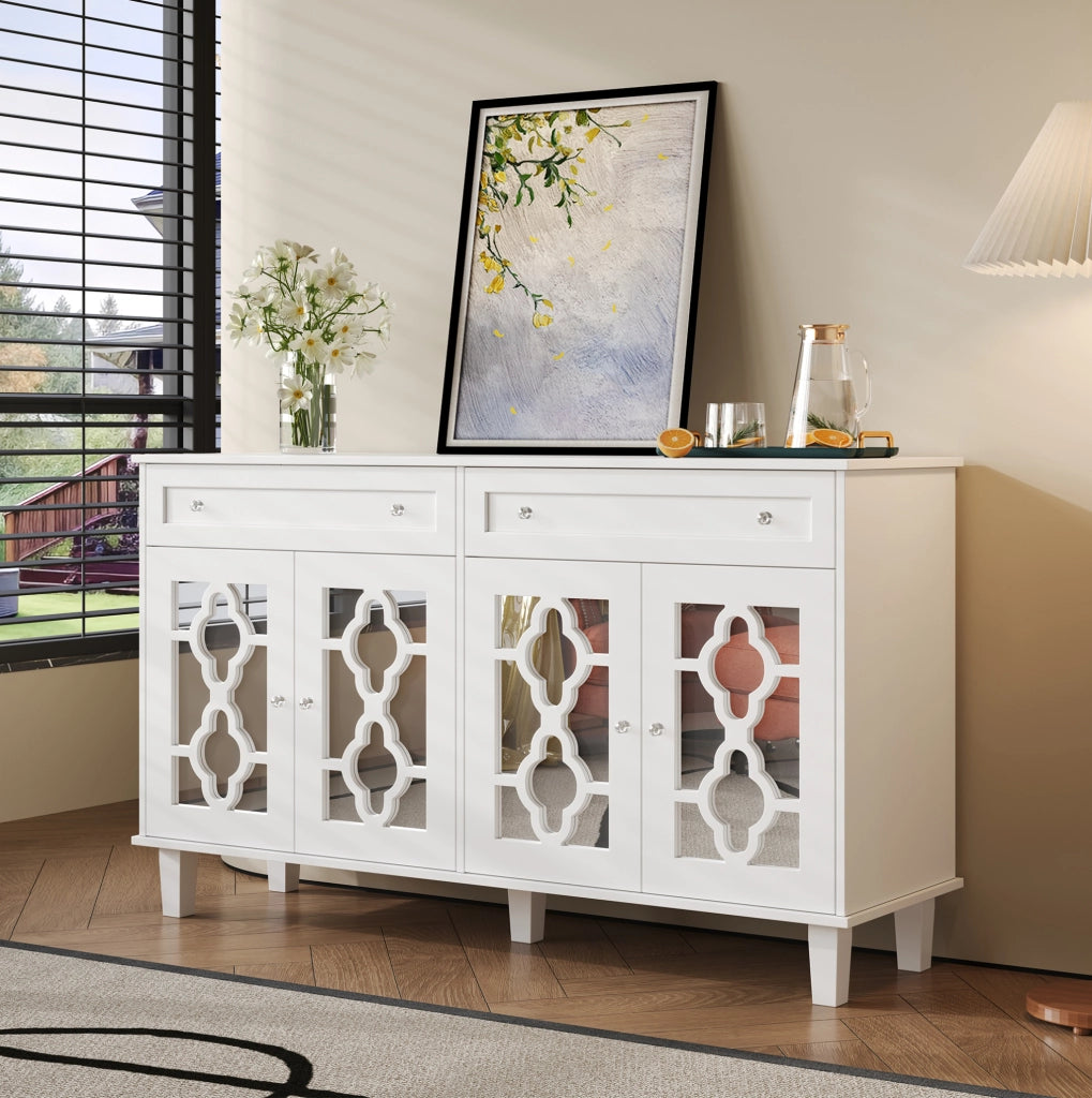 Credenza bianca con 4 ante a specchio e 2 cassetti
