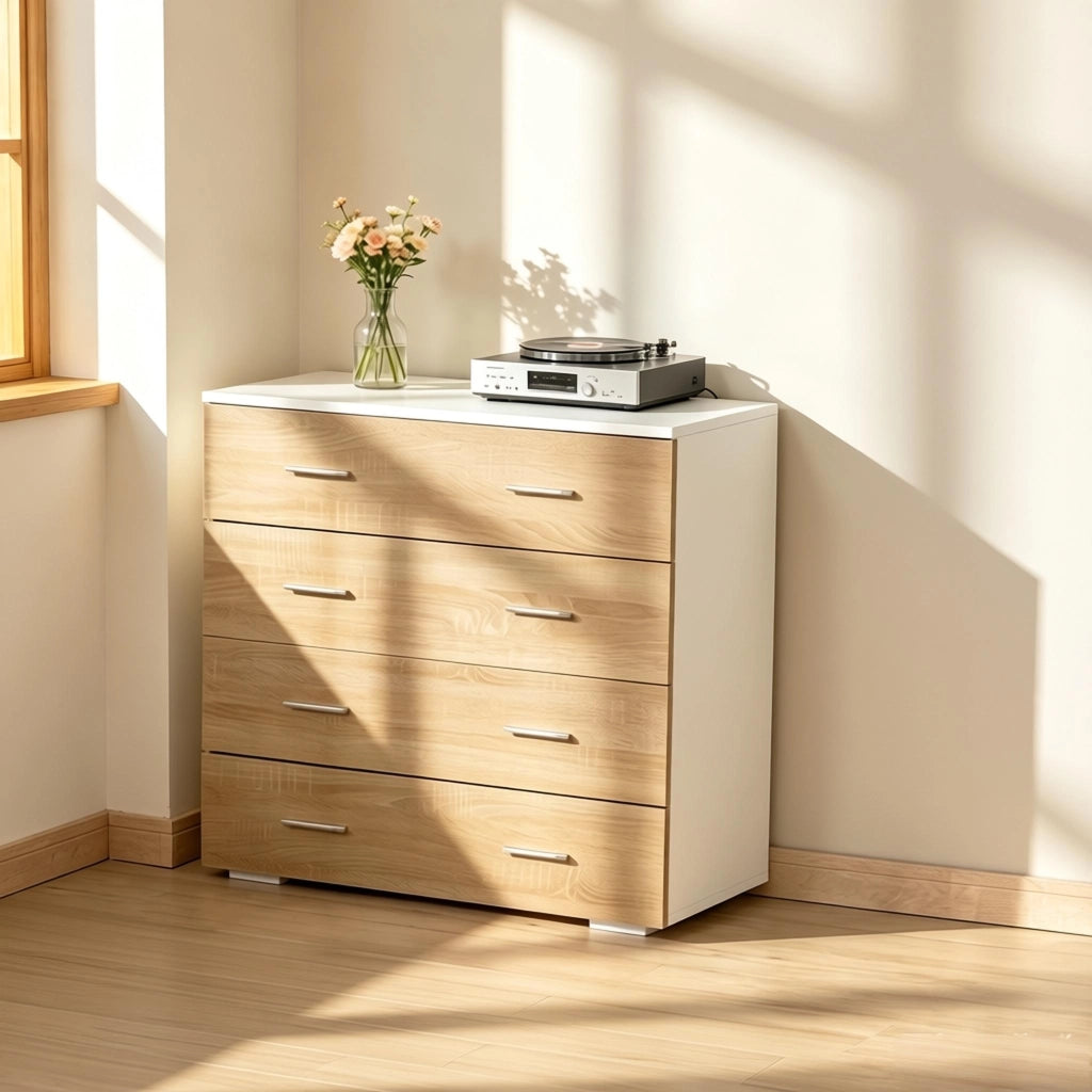Comodino/Cassettiera moderna a 4 cassetti bianco e legno chiaro