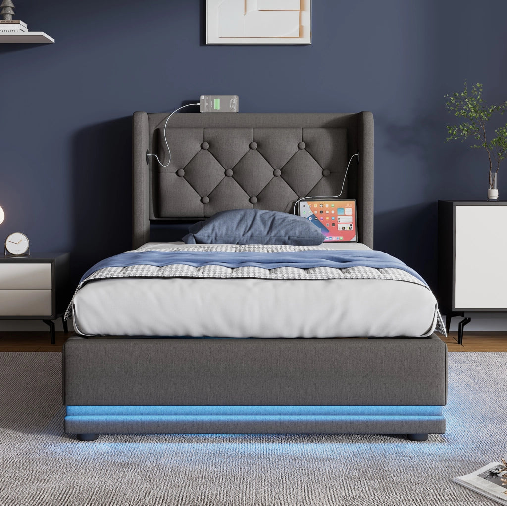Letto singolo imbottito con contenitore 90x200 cm; cotone grigio; LED e USB Type-C