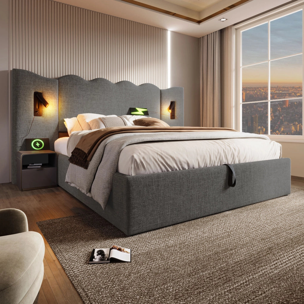 Letto Matrimoniale 180x200 cm Imbottito Contenitore con USB-C; Lino; Grigio