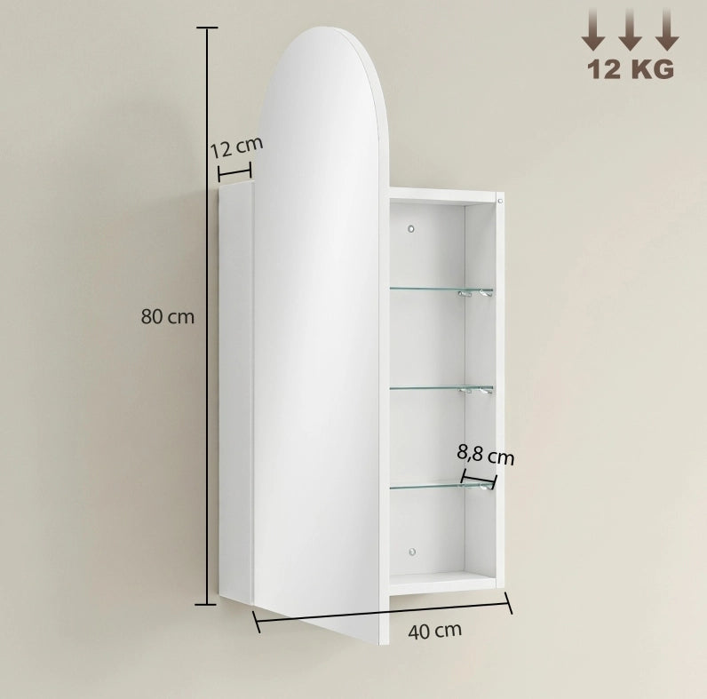 Mobiletto bagno specchiera con specchio ad arco senza cornice, ripiani in vetro regolabili, bianco, 40x12x80 cm