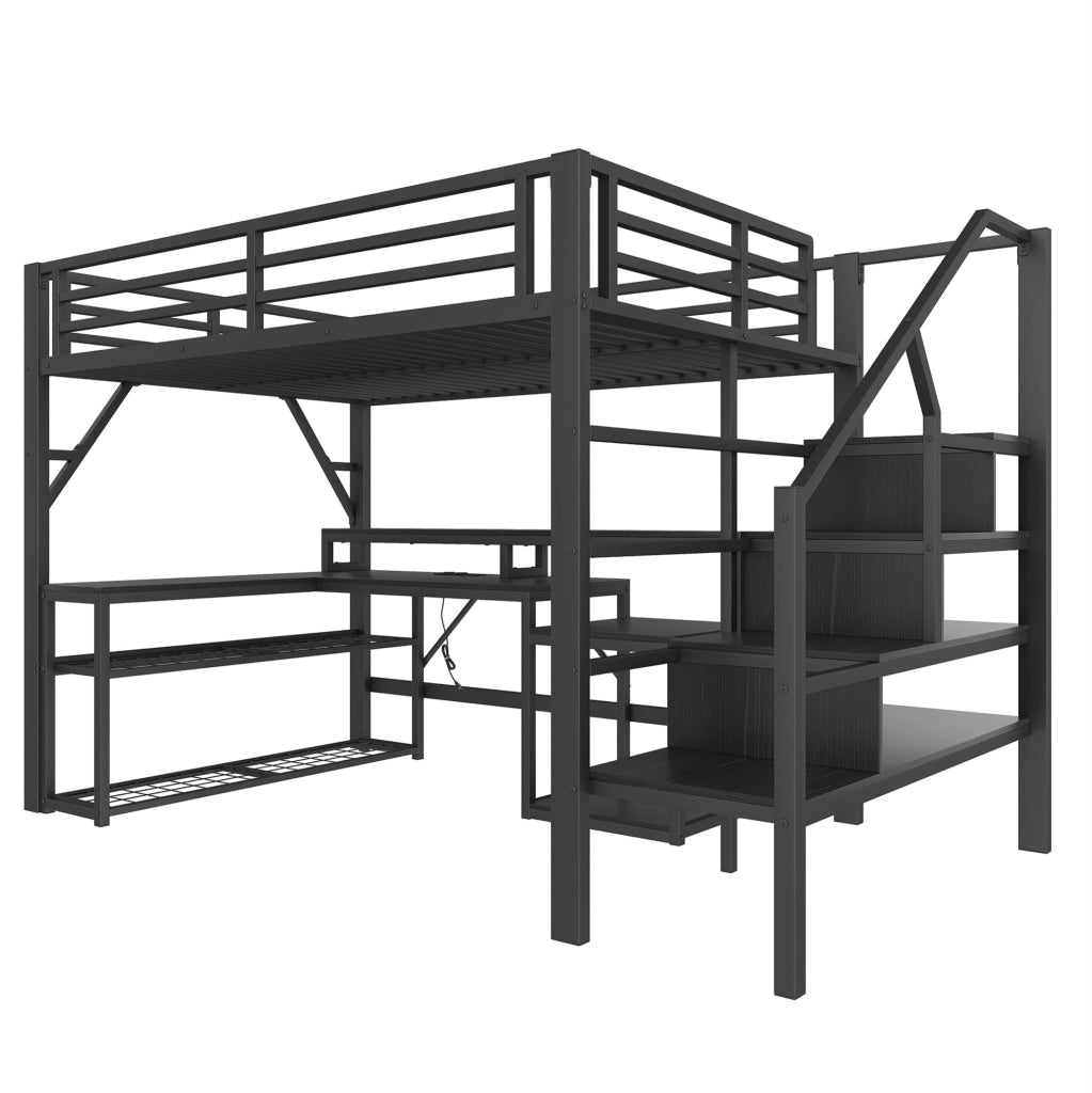 Letto soppalco 140x200 nero con scrivania LED e USB, senza materasso