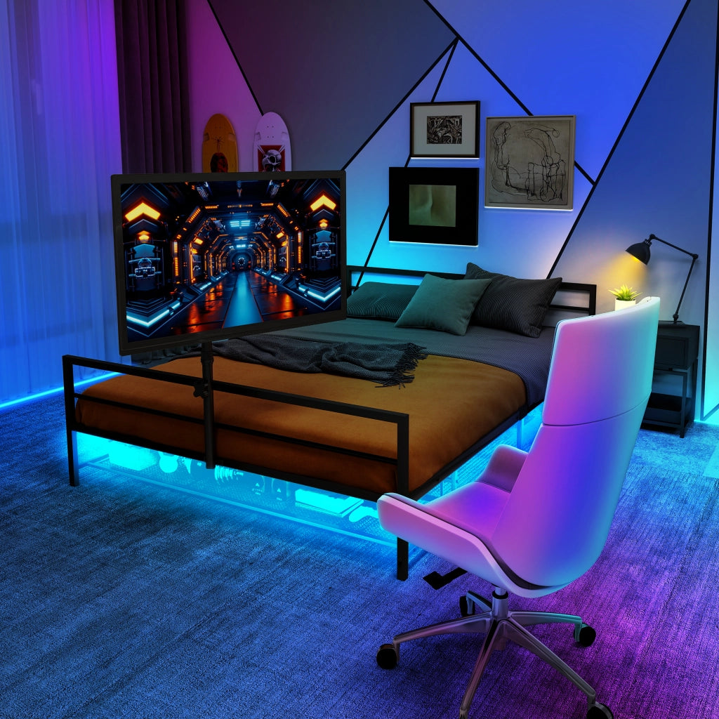 DESMIU Letto adulto in metallo nero con supporto schermo regolabile, LED, cestello portaoggetti, senza materasso