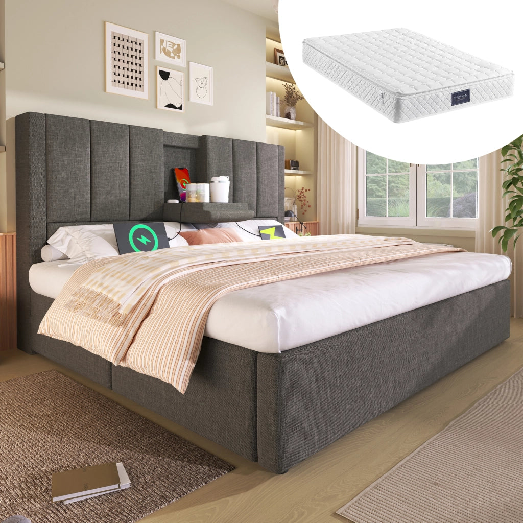 Letto matrimoniale 160 × 200 cm con contenitore idraulico testiera in lino grigio con USB Type-C e materasso incluso