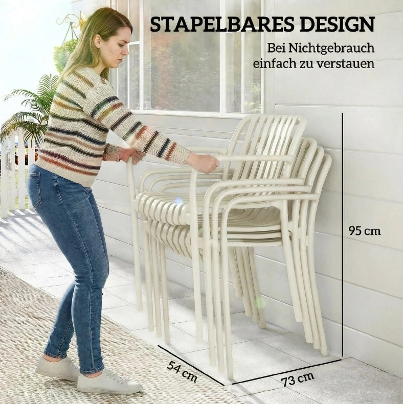 Set di 4 Sedie da Giardino Impilabili in PP Crema con Schienale Ergonomico a Lamelle