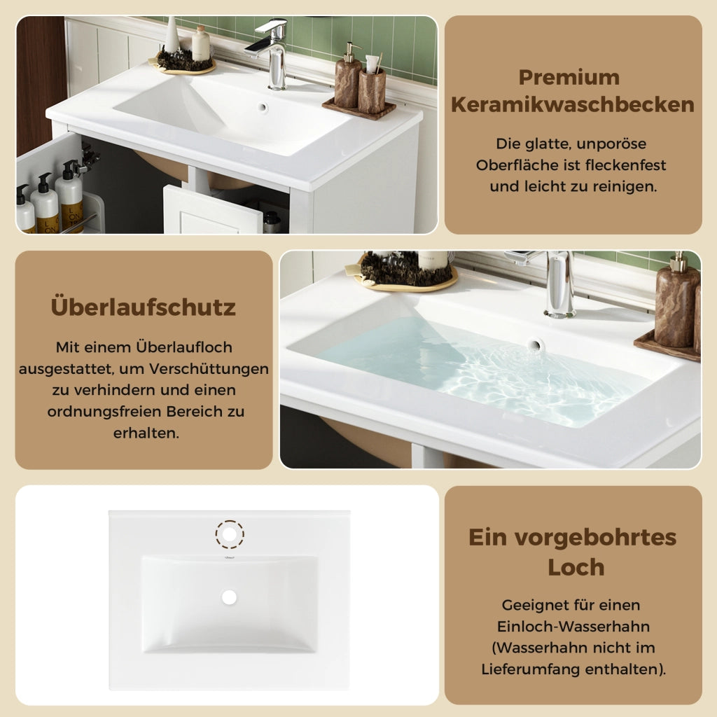Mobiletto con lavabo da bagno a terra con 3 cassetti e anta soft-close in MDF bianco lucido 61 × 47 × 86 cm