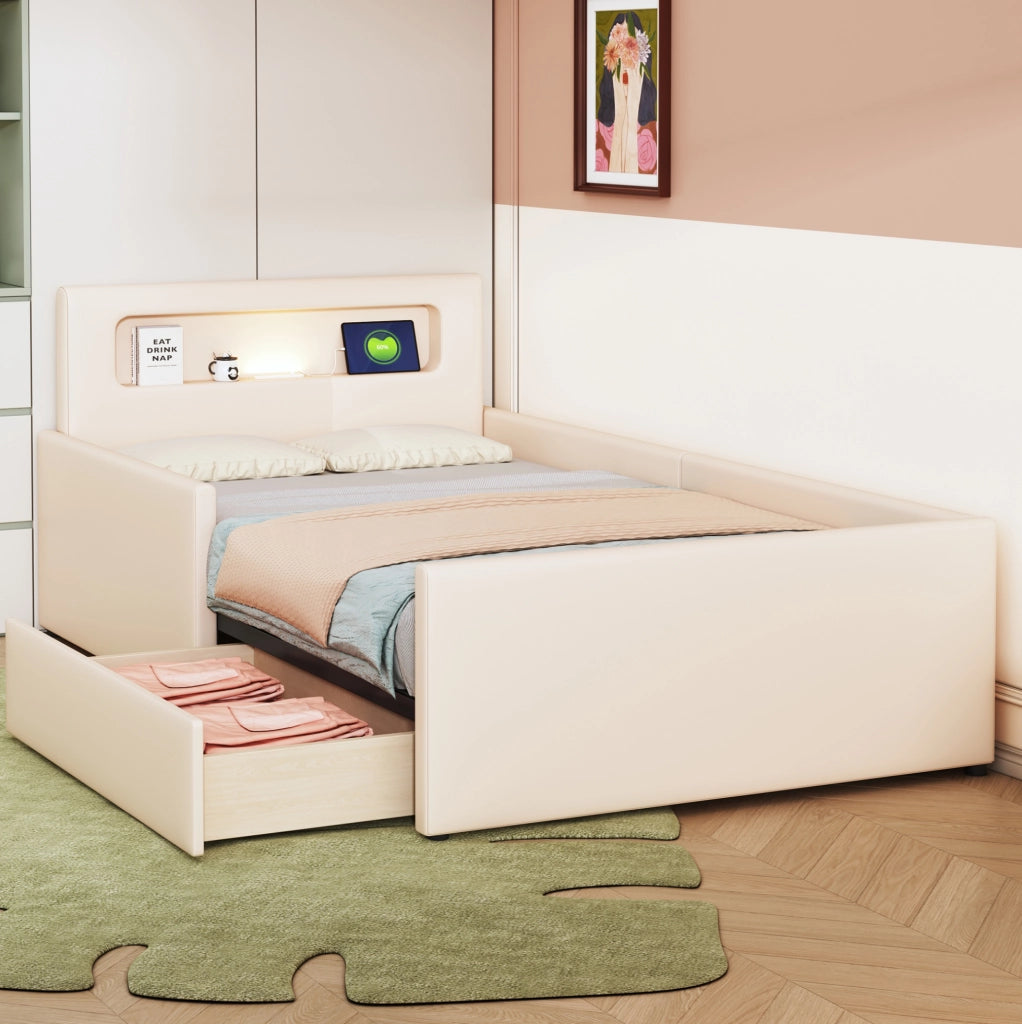 Letto imbottito per bambini 90x200 cm con luce notturna USB e cassetti beige