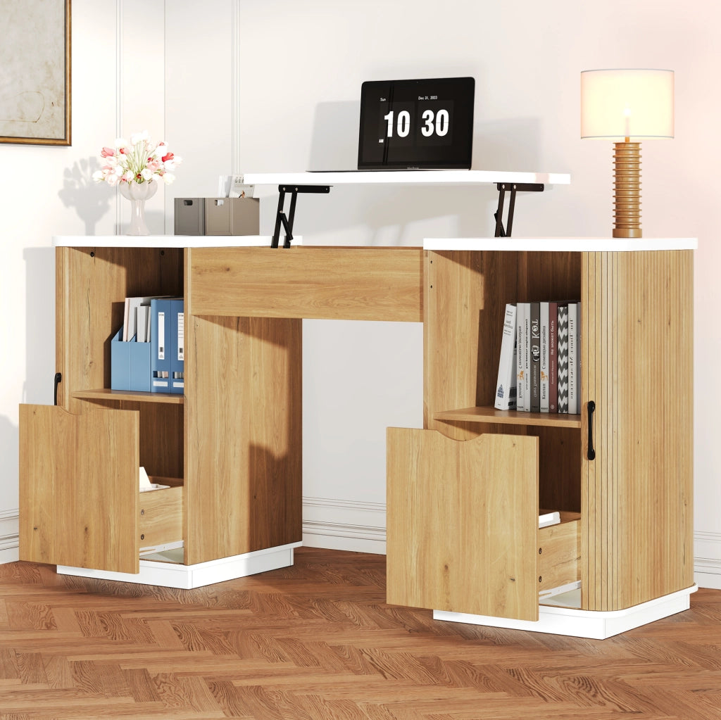 Set ufficio ULEVR con scrivania regolabile 140x50 cm e armadio archivio 80x40x110 cm, bianco e rovere