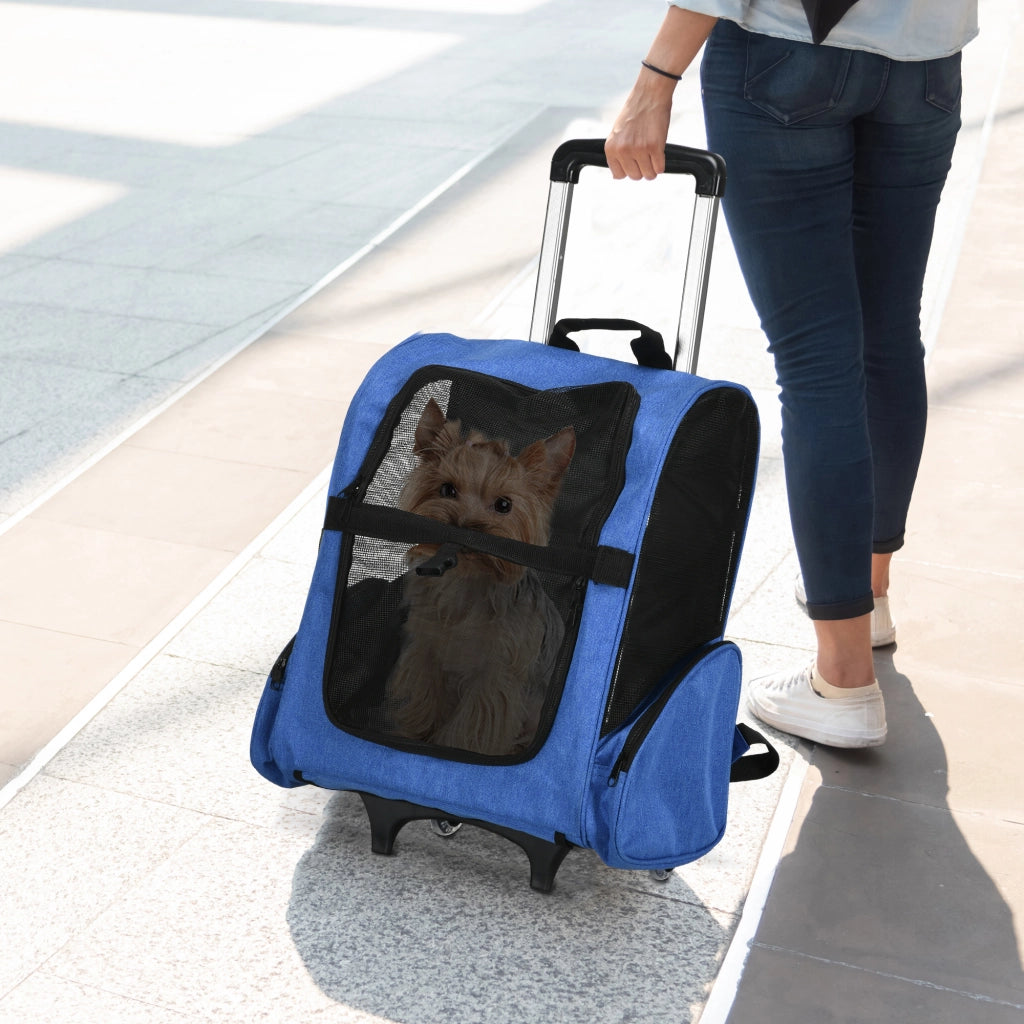 Trasportino Zaino 2 in 1 per Cani e Gatti, Blu, Tessuto Oxford Resistente, Maniglia Telescopica, Ruote e Tasche, 42x25x55cm, Pratico