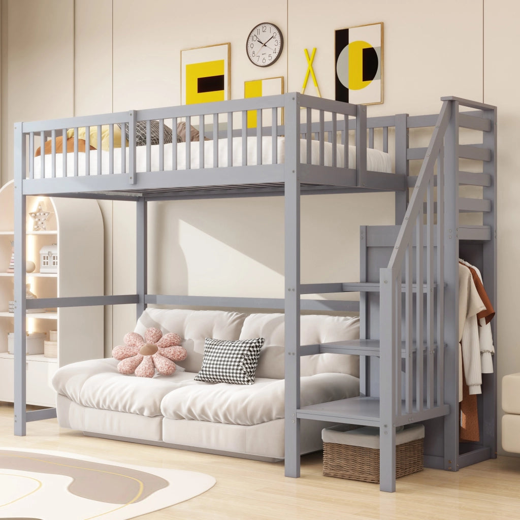 Letto a soppalco 90x200 Letto per bambini in legno con armadio e scale Grigio