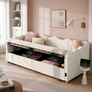Letto per bambini 90x200 cm imbottito con vano contenitore idraulico; USB e Type-C; velluto beige