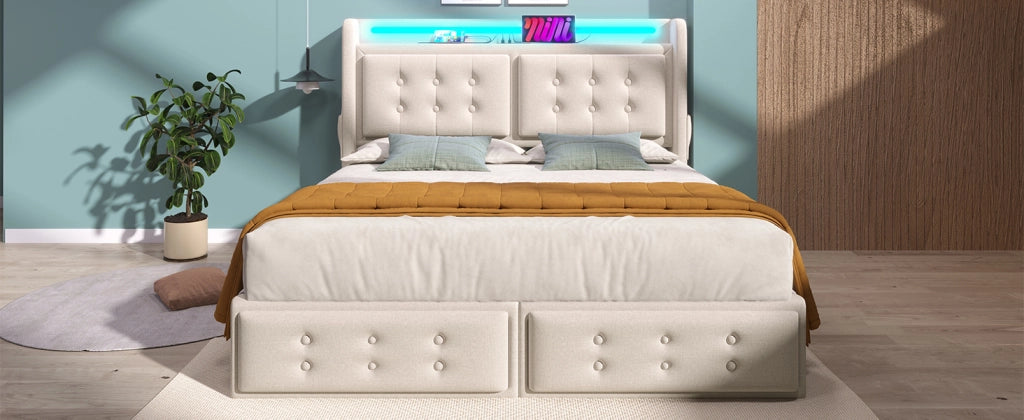 Letto 160 x 200 cm con materasso, 4 cassetti, testiera LED e USB C, legno e metallo, beige
