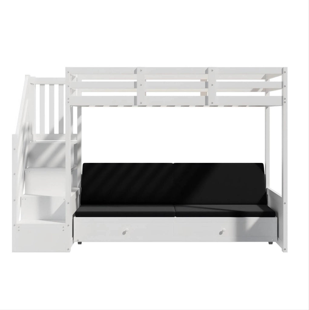 Letto a soppalco per bambini 90x200 cm con divano, scale contenitore e 2 cassetti bianco