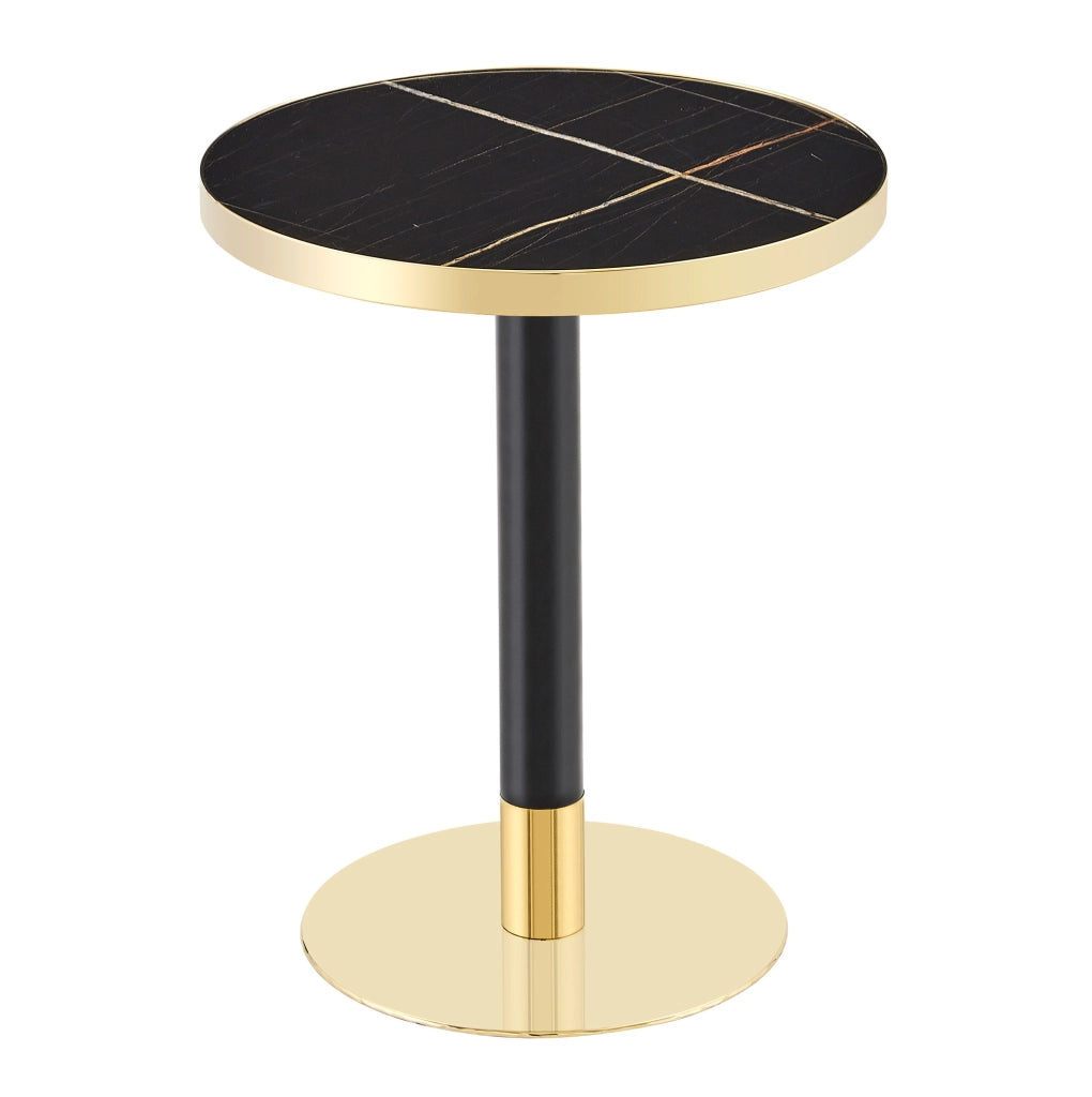 Tavolino Rotondo con Piano Effetto Marmo, Bordo Dorato e Struttura in Metallo Nero/Oro, Ø 60 cm, Altezza 73,7 cm
