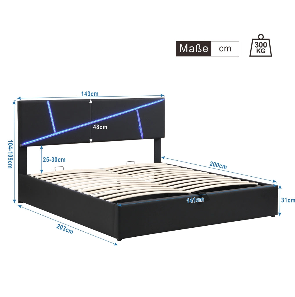 Letto imbottito con LED; contenitore idraulico; PU nero