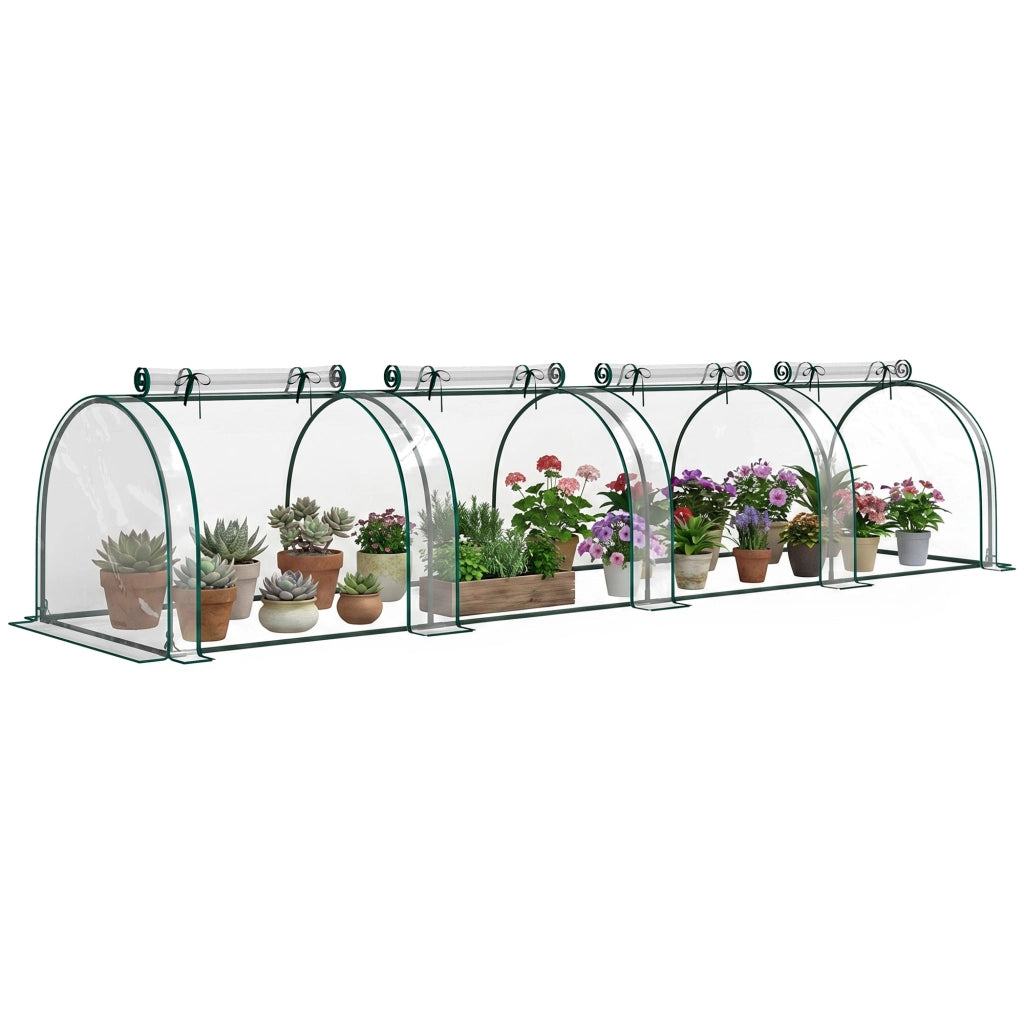 Serra a tunnel per orto e giardino 395 x 100 x 80 cm, telaio in acciaio e 4 finestre con zip, telo trasparente