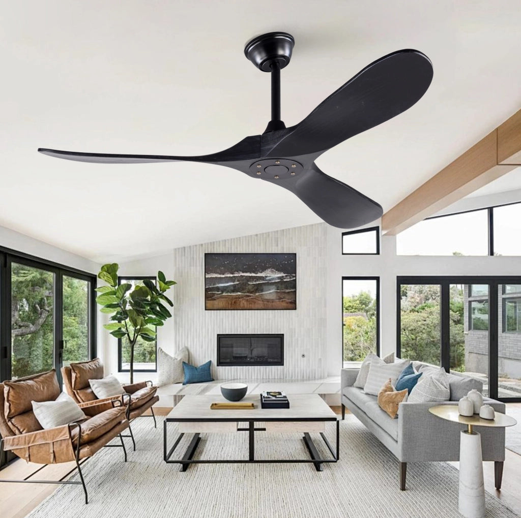 Ventilatore da soffitto nero da 52 pollici con 3 pale in legno massello Paulownia, 6 velocità regolabili con telecomando