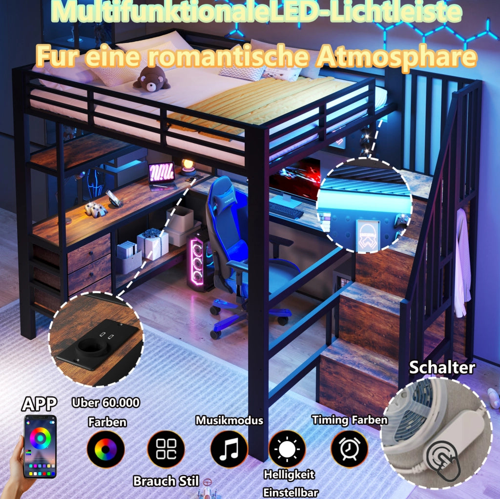 Letto a soppalco in metallo 140x200 cm con scrivania, cassetti, pannello perforato, presa elettrica e luce LED, nero