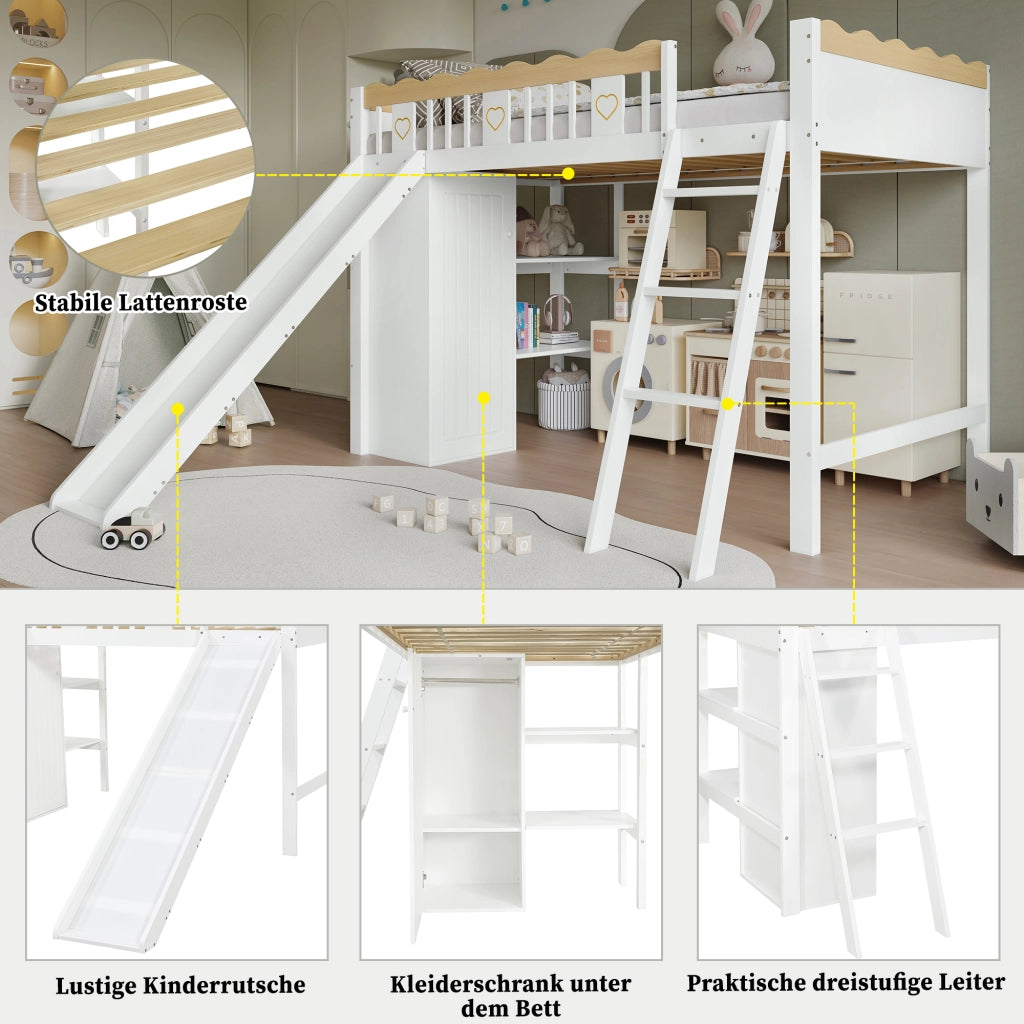 Letto a soppalco per bambini con scivolo 90x200 cm; armadio; portaoggetti e struttura bianco e naturale
