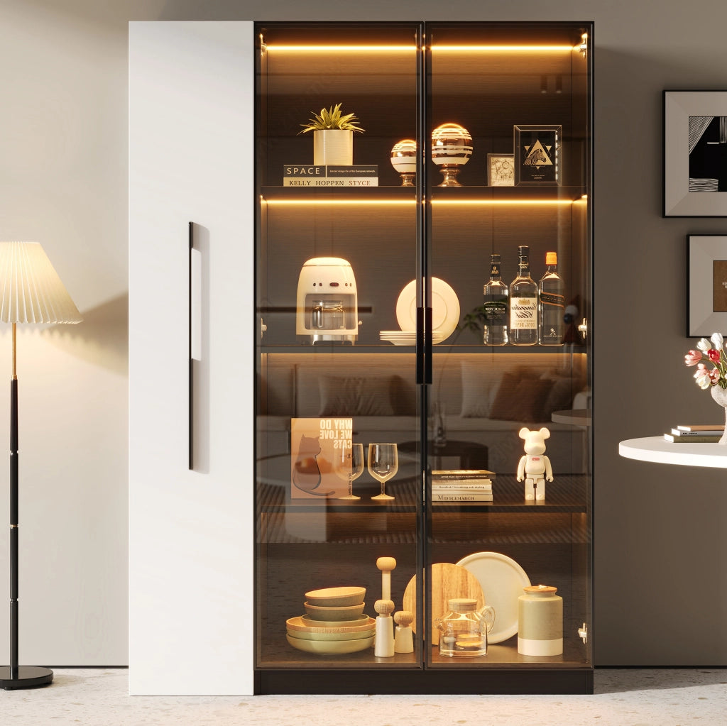 Vetrina LED 110;5x35x160 cm con anta in vetro e vano estraibile in MDF; nera