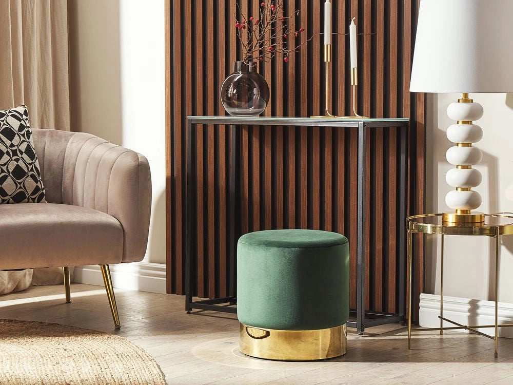 Poggiapiedi rotondo velluto verde scuro e oro toletta sgabello glam sgabello