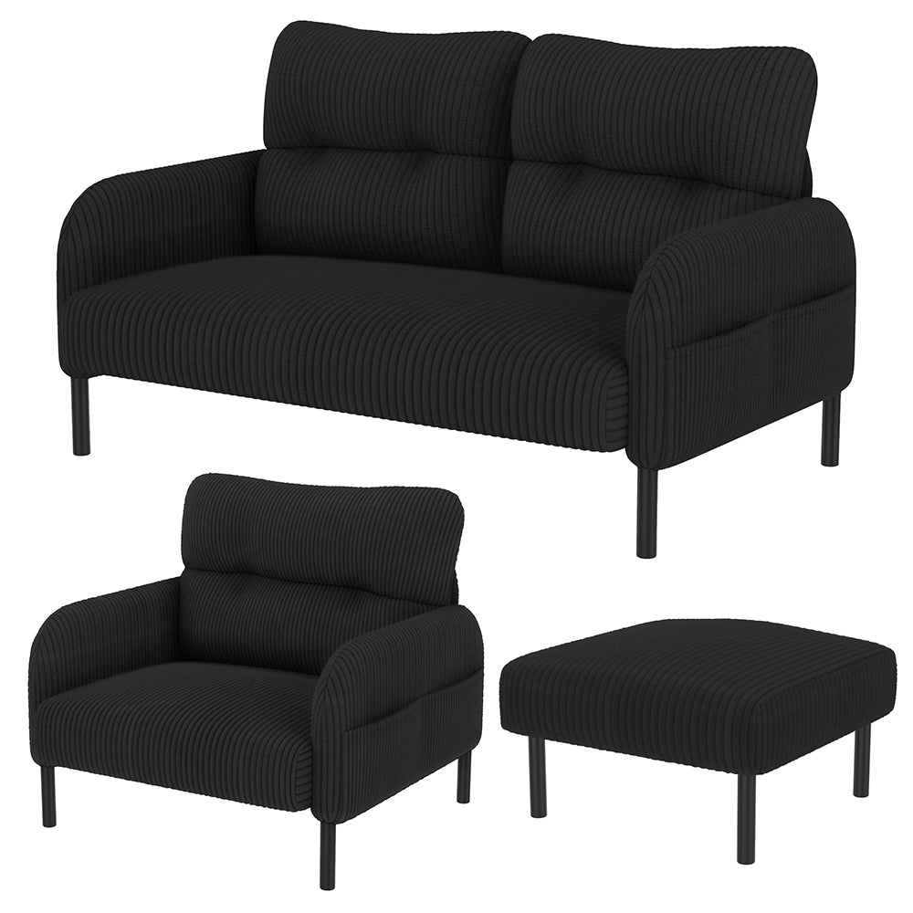 Set 3 pezzi - Xylo - divano+poltrona+pouf cord tubo acciaio nero