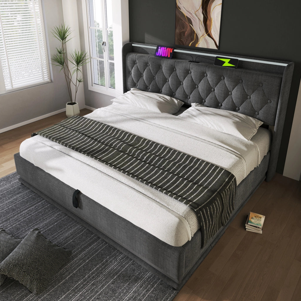 Letto matrimoniale 140x200 cm con materasso incluso, LED 360°, contenitore idraulico e USB Type-C