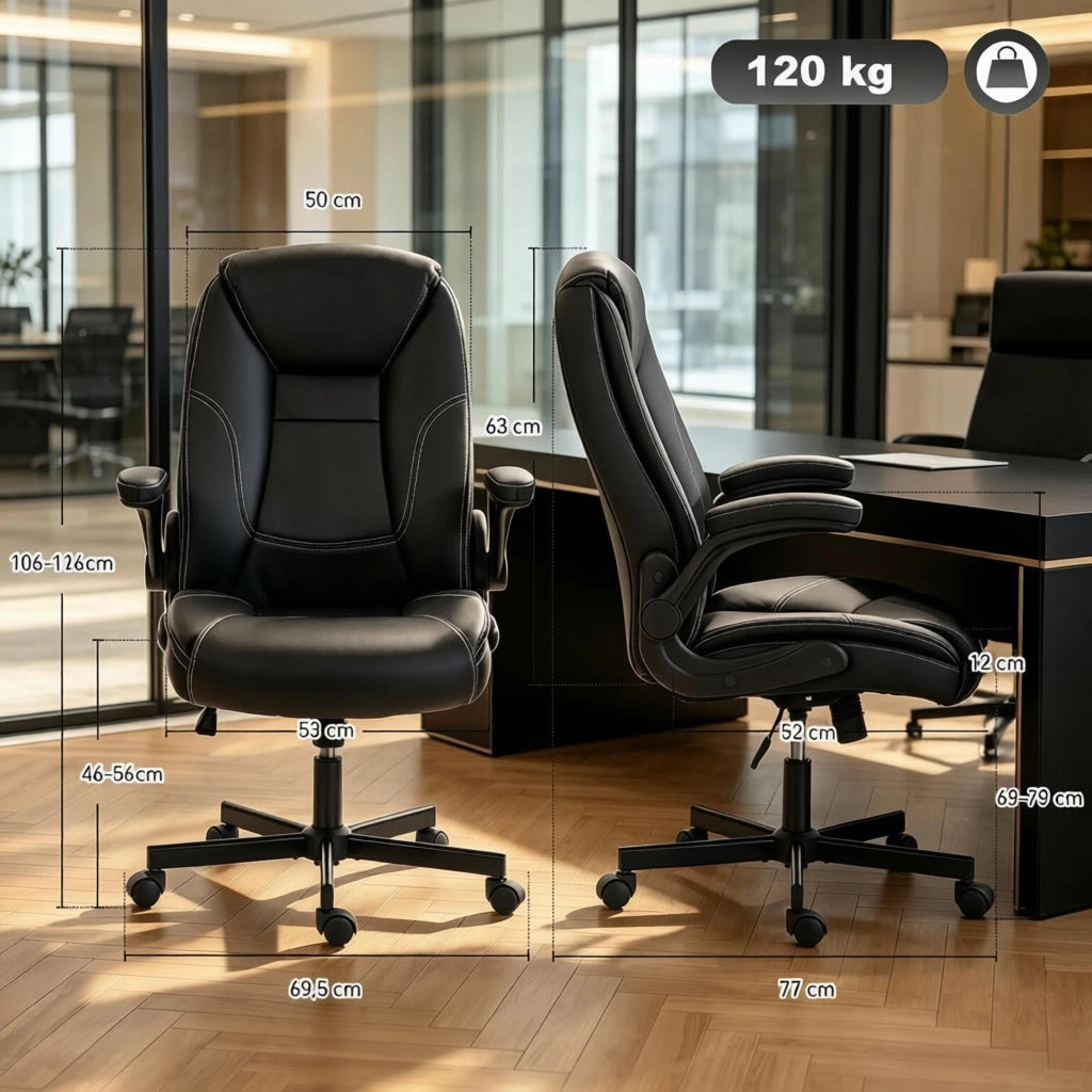 Sedia da ufficio ergonomica in similpelle nera con braccioli pieghevoli, L x B x H: 69,5 x 77 x 106-116 cm