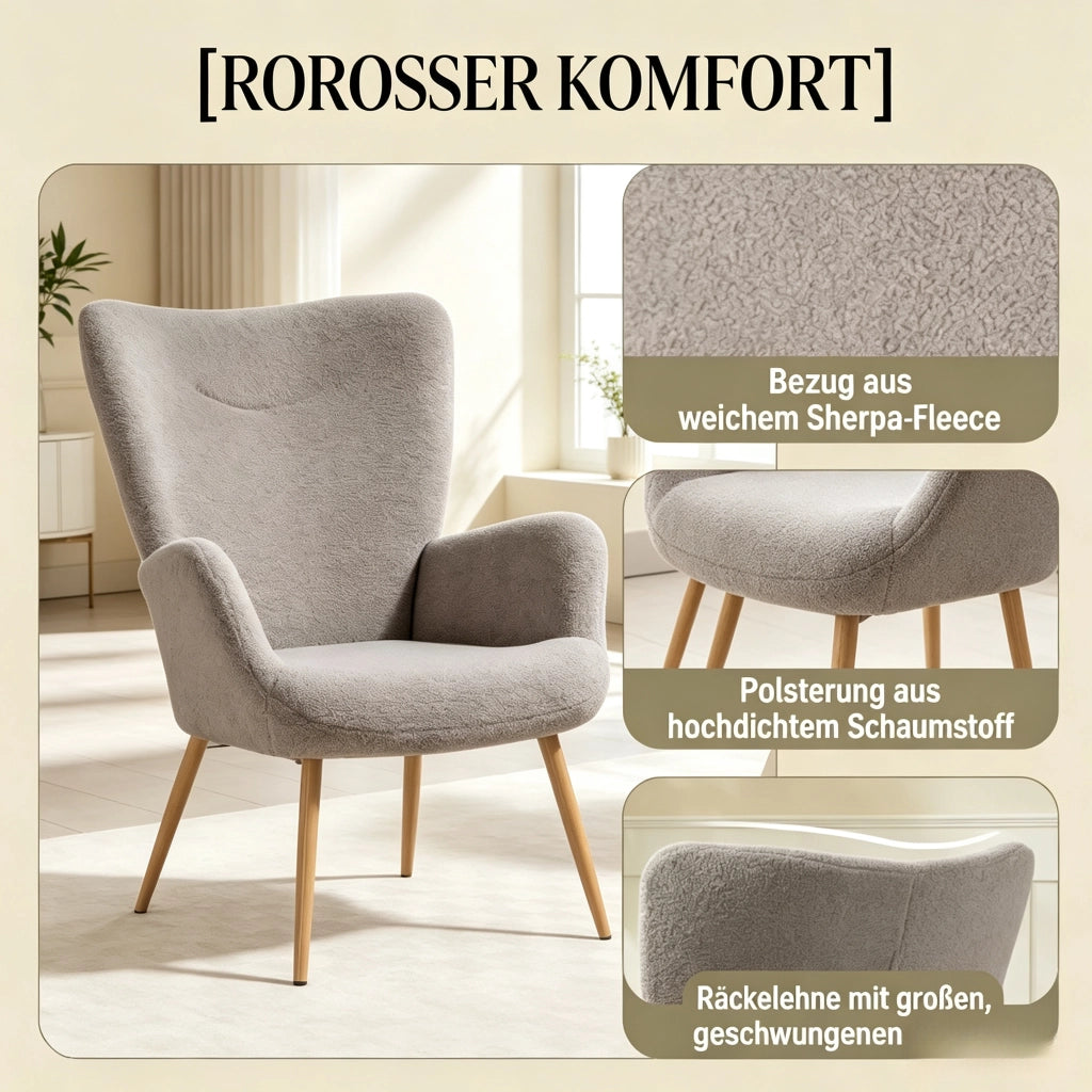 Poltrona con schienale alto e braccioli in tessuto spugna grigio con gambe effetto legno 97;5 × 71 × 74 cm