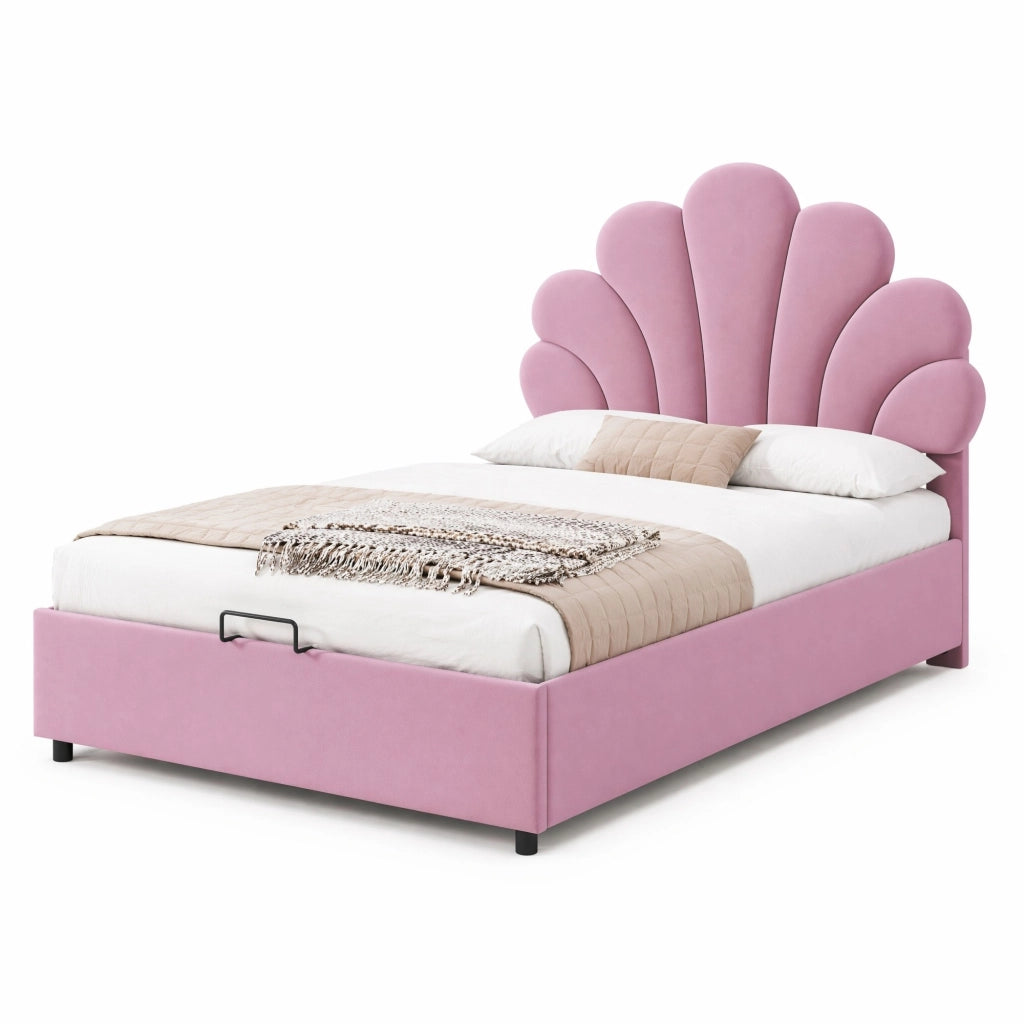Letto contenitore 90 × 200 cm con testiera floreale imbottita in velluto rosa e rete a doghe