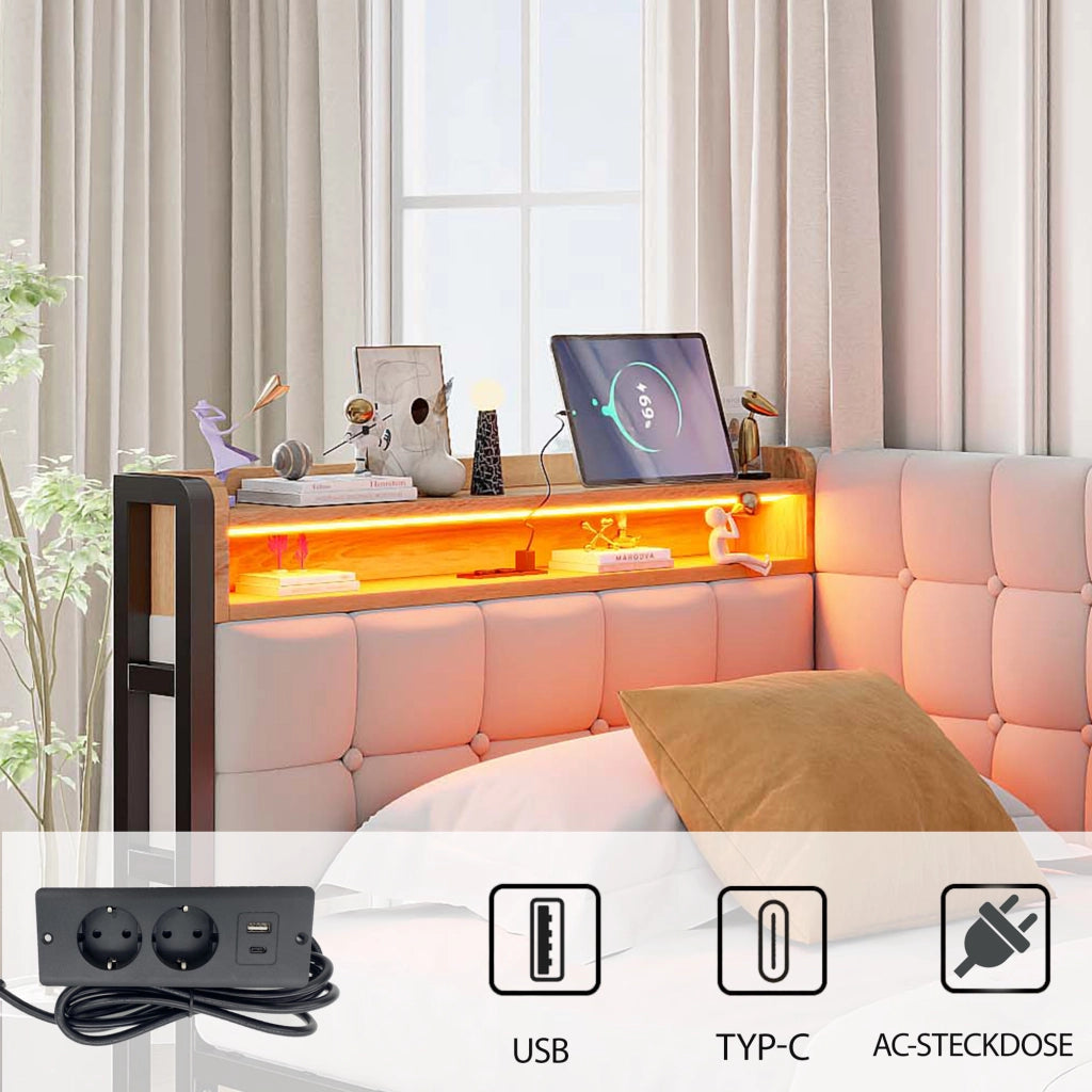 Letto divano singolo 90×200 cm con 2 cassetti; LED regolabile; USB e porta tipo C; senza materasso; beige