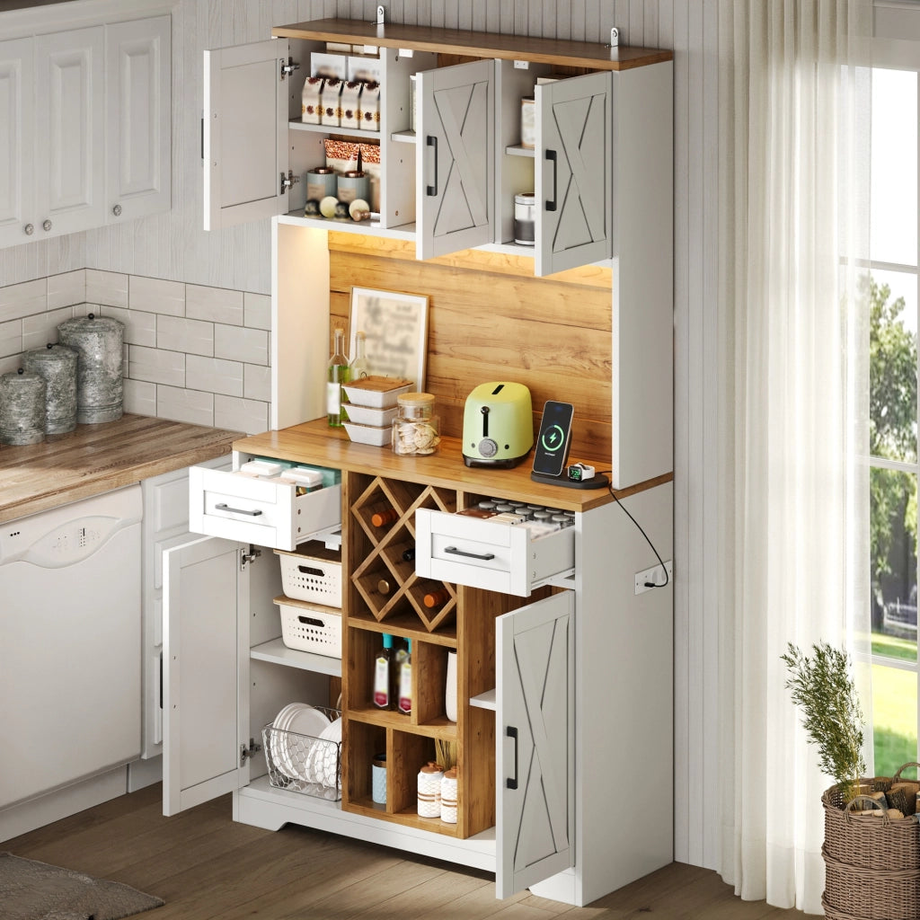 Credenza da cucina LED con 2 cassetti, portabottiglie e prese, in MDF naturale e bianco, 105 × 40 × 180 cm