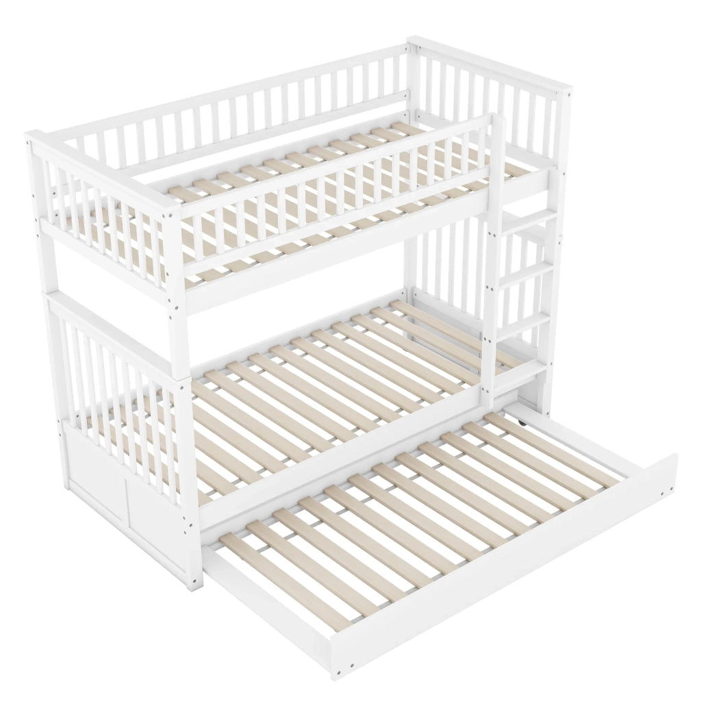 Letto a castello per bambini 3 posti 90x200 cm con letto estraibile, ringhiere alte e scala stabile, bianco