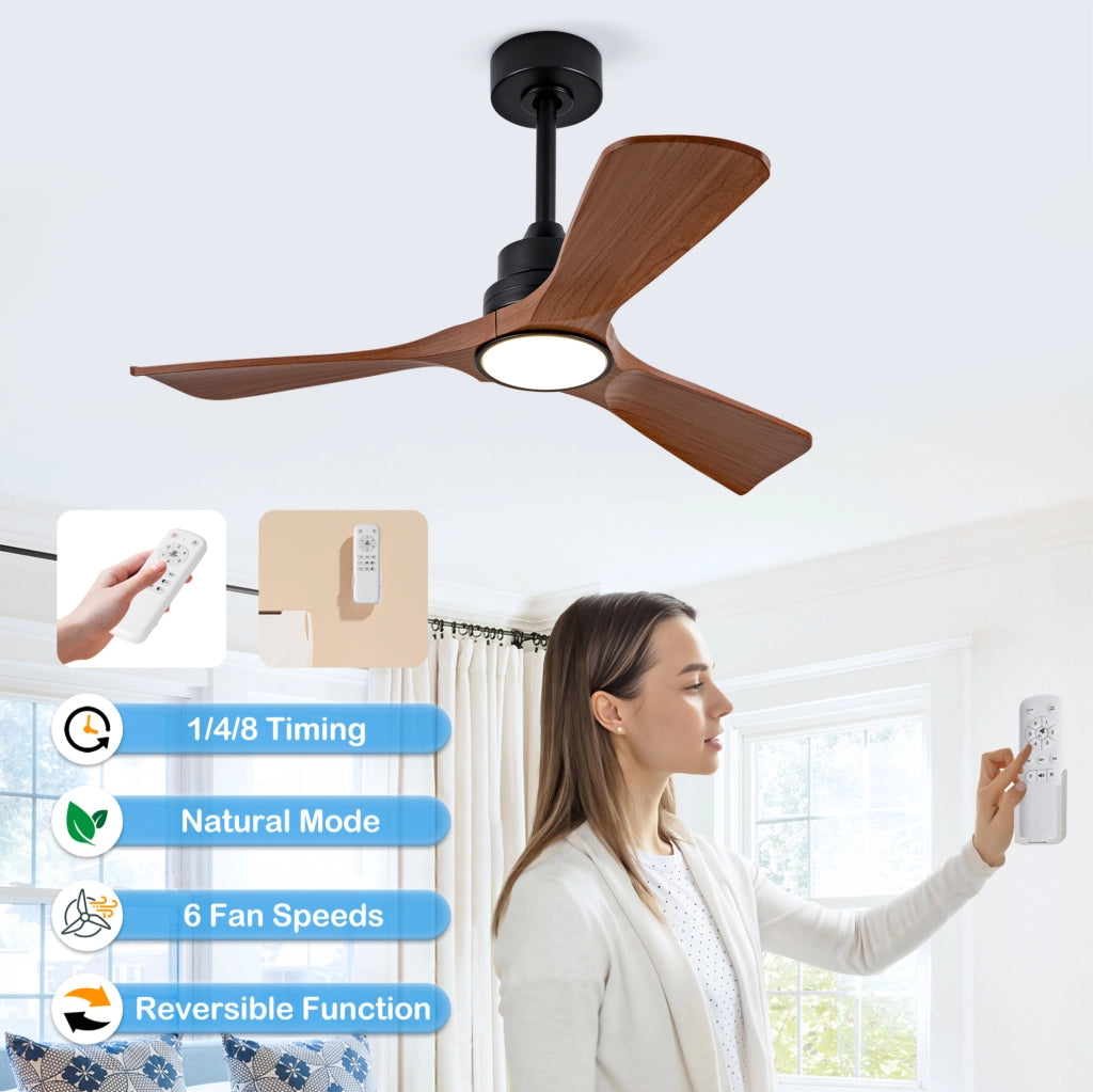Ventilatore da soffitto ULEVR con luce LED integrata, motore DC reversibile e pale in ABS, nero e noce scuro