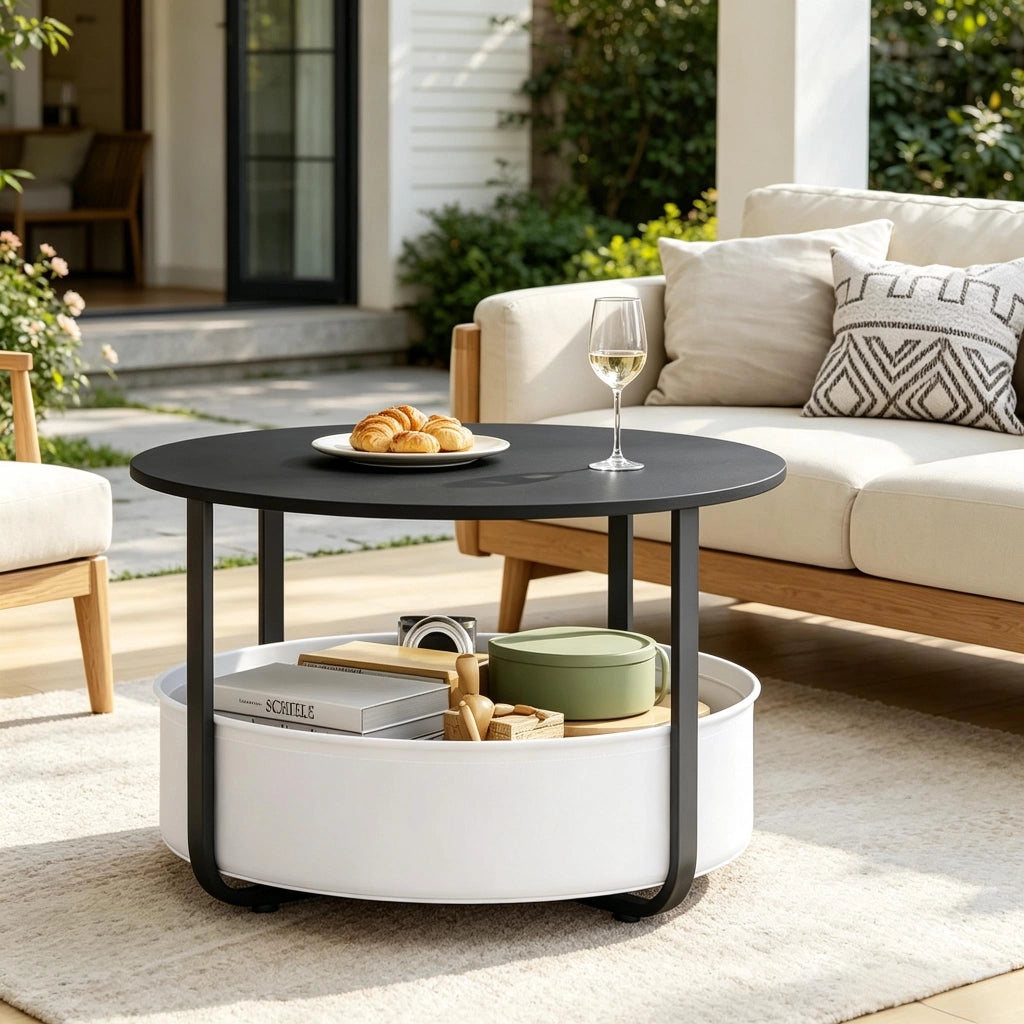 Tavolino basso fisso rotondo con cestino in tela struttura in metallo nero diametro 80 cm altezza 50 cm