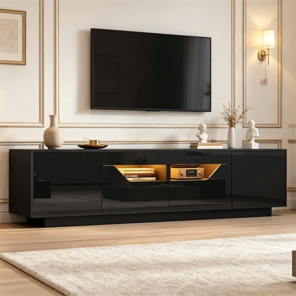 Mobile TV con LED e cassetti ¨C Minimal ¨C Nero lucido 180x40x45