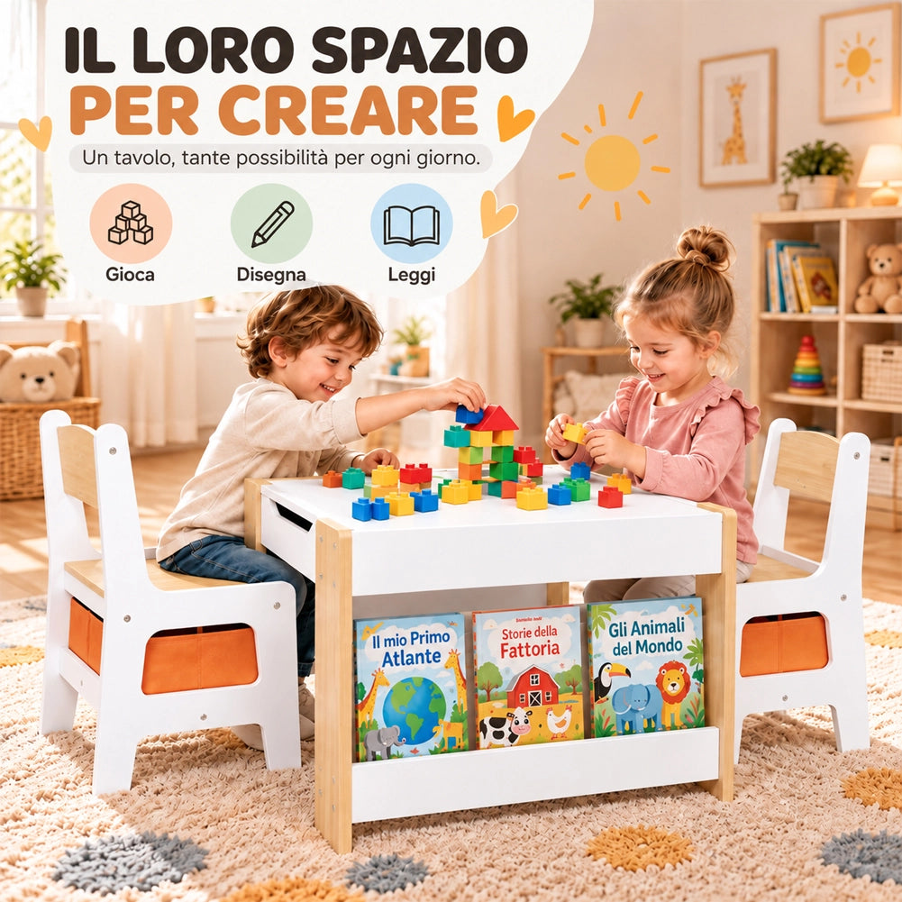 Set Tavolino per Bambini e Sedie 4 in 1 Sedie in Legno Piano Bianco e Arancione