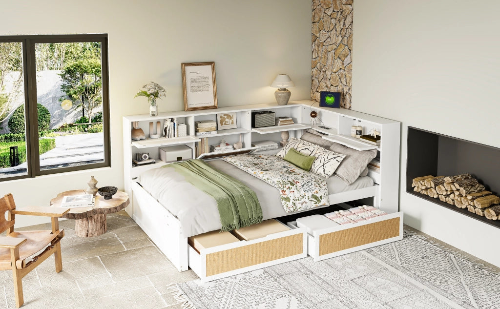 Letto matrimoniale multifunzione 140 × 200 cm in legno bianco con cassetti vani contenitore e porte USB integrate
