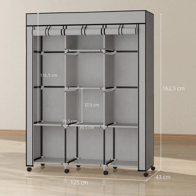 Armadio in tessuto grigio con 8 ripiani e 2 appendiabiti, 125x43x162,5 cm